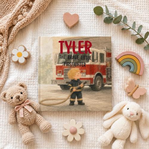 Firetruck Book for Kids, Personalized Blonde Boy Firefighter, Girl Firefighter Rescue Story