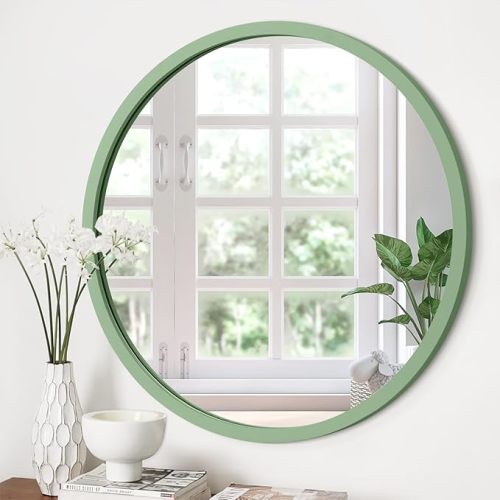 JJUUYOU Round Wall Mirror 20" Hanging Circle Mirror Round Green Mirrors for Bathroom Wooden Farmhouse Frame Mirrors for Bedroom Living Room or Entryway Wall Decorative