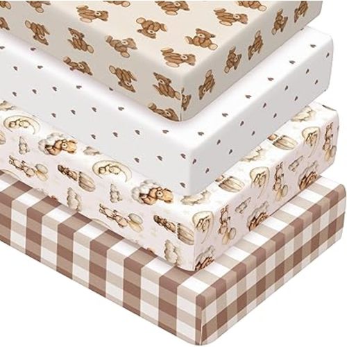 Peryiter 4 Pack Crib Sheets Girl Soft Baby Bed Sheet Set 52'' x 28" Nursery Crib Sheets for Standard Bed for Nursery Decor Baby Boys or Girls(Brown,Bear)