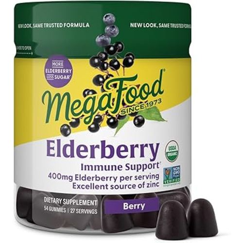 MegaFood Elderberry Gummies for Kids, Teens & Adults, Immune Support Supplement, Gummy Vitamins - Made with Zinc & Real Food, Pectin-Based, USDA Organic, Vegan - 54 Count, 27 Servings