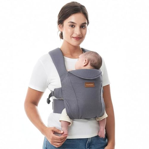 Momcozy Newborn Carrier WeeSnug- Lightweight and Cozy Comfort for 7-25 lbs, Ergonomic Cross-Back Support, Effortless to Put On, Hands-Free Baby Carrier with Lumbar Support, Gray