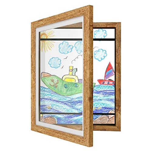 Kids Art Frames 9x12 - Front Opening Childrens Picture Frame Changeable, Wood Artwork Display Storage for Wall Mount, Magnetic Door Holds 50 Art Pieces for Drawings, 3D Picture, Crafts, Portfolio, Brown