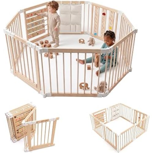 Adjustable 8-Panel Wooden Baby Playpen, 55x55x24 in