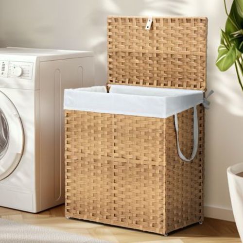 Bestier Laundry Basket with Lid, 110 L Hand-Woven Rattan Laundry Hamper with Compartments & Handles, Foldable, Removable Liner