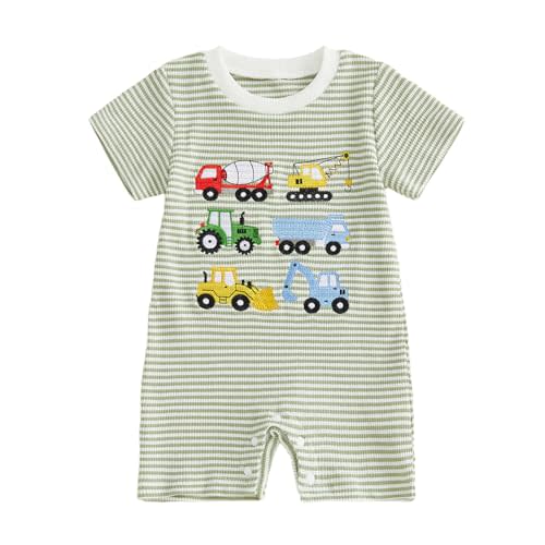 Newborn Baby Boy Summer Clothes Truck Embroidered Romper Striped Short Sleeve Jumpsuit Onesie Infant Boy Outfit