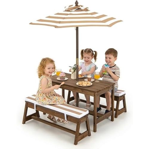 Costzon Kids Picnic Table, Toddler Wood Table & Chair Set w/Cushions, Height Adjustable Umbrella, Children Activity Table Outdoor Furniture Set for Patio, Garden, Backyard, Gift for Ages 3-8 (Coffee)