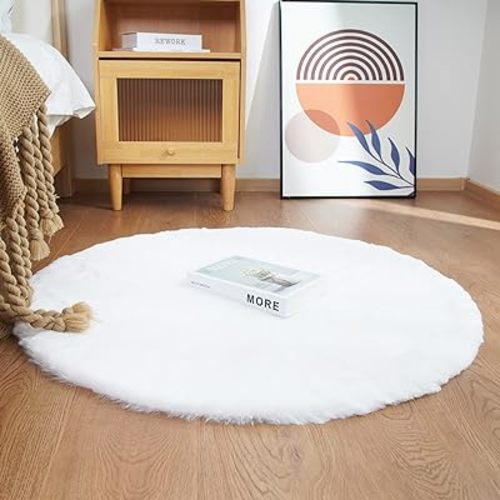 Ghouse Faux Rabbit Fur Round Rug 4ft White Round Rugs for Bedroom Decor Fluffy Area Rugs for Living Room, no-Shedding Carpet Sheepskin Washable Rug Rome Decor