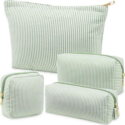 4 Pcs Seersucker Pouch Striped Makeup Bag Set, Light Green