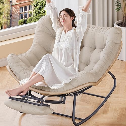 Patio Outdoor Rocking Chair with Foot Rest, Oversized Cozy Comfy Kids Reading Nook Chair with Ottoman for Bedroom Porch Balcony, Rocker Chaise Lounge Chair Indoor, Beige