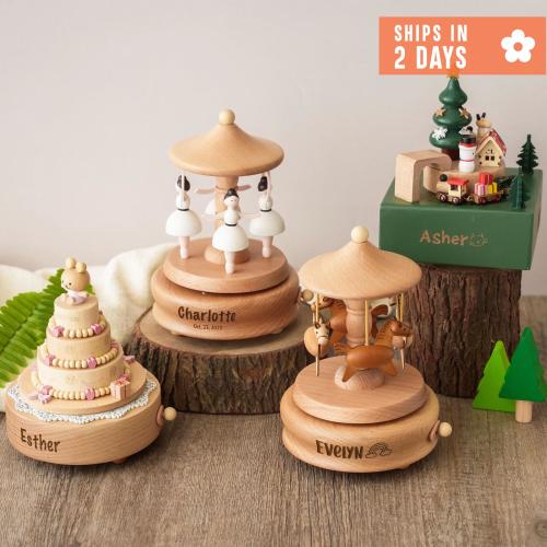 Engraved Baby Name Music Box, 1st Birthday Gift, Baby Shower, Personalized Wooden Music Box, Gift for Kid, Musical Carousel, Birthday Gift