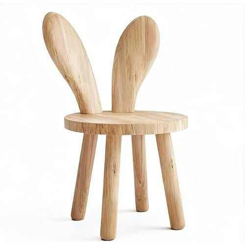 Solid Wood Rabbit Chair for Kids & Toddlers, Cute Bunny Wooden Chair for Playroom Bedroom, Sturdy Rubber Wood Stool, Easy Assembly - 1 Pack (Single Chair)
