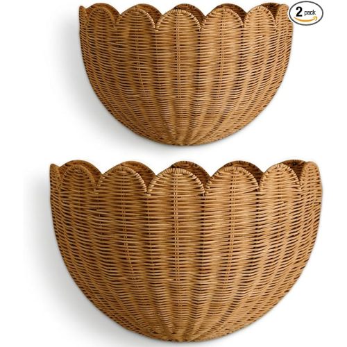 BEBE BASK The Original Scalloped Wicker Wall Basket – Set of 2 – Handwoven Scalloped Wall Baskets (16 x 10 x 7 in), Woven Rattan Wall Hanging Baskets - Mocca Scalloped Basket