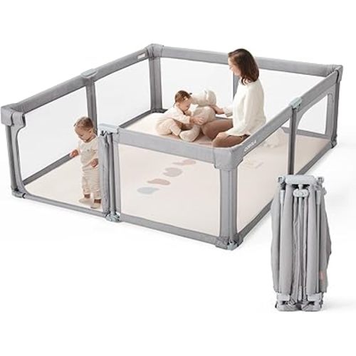 Baby Playpen Portable, Pre-Assembled Play Pen 71x79 Large Foldable Playpen for Babies and Toddlers, Sturdy and Safe Toddler Play Yard Indoor Outdoor with Carry Bag,Light Grey