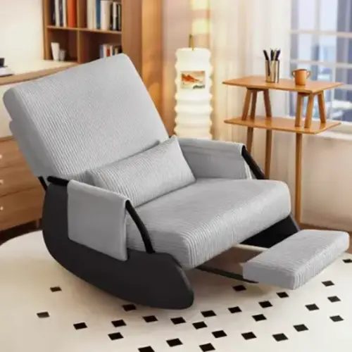KERDOM - Corduroy Rocking Chair with Footrest, Cover Washable, Upholstered Cradle Armchair Nap Recliner Glider Chair with Ottoman - Grey