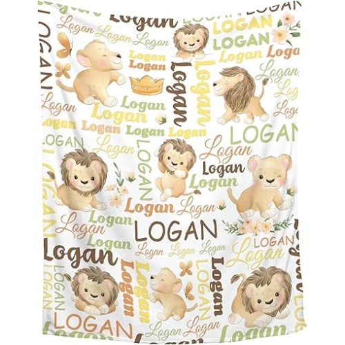 Personalized Baby Blanket for Girls Boys Lion Custom Baby Blanket with Name Swaddle Blanket for Toddlers Infants Kids Shower Newborns Nursery Stroller Crib Decor Throw Birthday Gift
