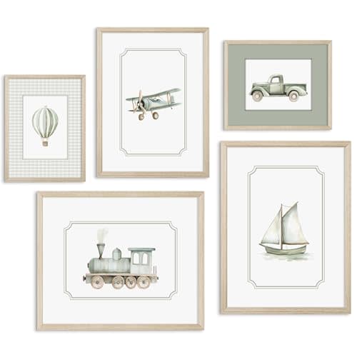 Sage Green Nursery Wall Art Boys Room Canvas Poster Kids Wall Decor Vintage Vehicle Prints Baby Toddler Pictures Transportation Plane Painting Train Truck Artwork for Bedroom 8x10 Inch Wood Framed