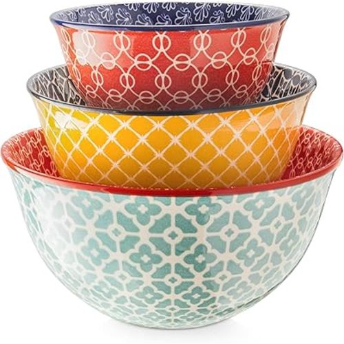 DOWAN Mixing Bowls, Ceramic Mixing Bowls for Kitchen, Colorful Vibrant Nesting Bowls for Cooking, Baking, Prepping, Serving, Salad, Housewarming Gift, Microwave Dishwasher Safe, 3.7/2/1 Qt, Set of 3