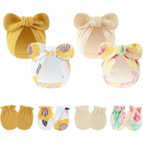 LIDHAY 4PCS Newborn Baby Hospital Hats Beanie Bow Infant Caps Cotton Preemie Hats No Scratch Mittens Set for 0-1 Years Old