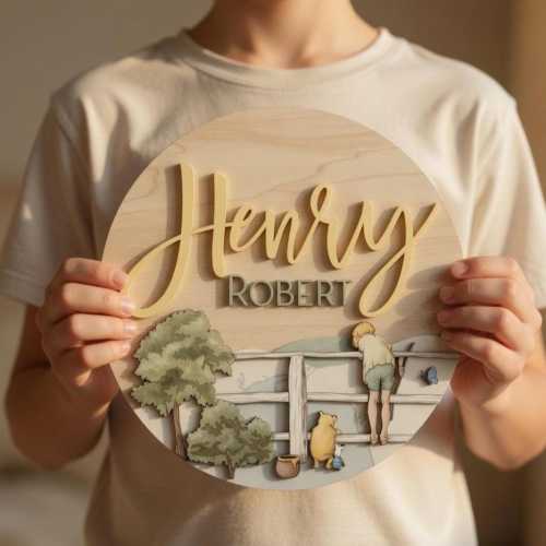Personalized Classic Storybook Nursery Name Sign, Custom 3D Layered Wood Name Plaque, Vintage Pooh Inspired Baby Gift