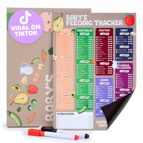 Baby First Foods Tracker - 101 Foods Before 1 Fridge Magnet with 2 Markers | Starting Solids Essentials Chart & Checklist - Track New Foods, Allergens & Milestones Month by Month, Reusable Dry-Erase