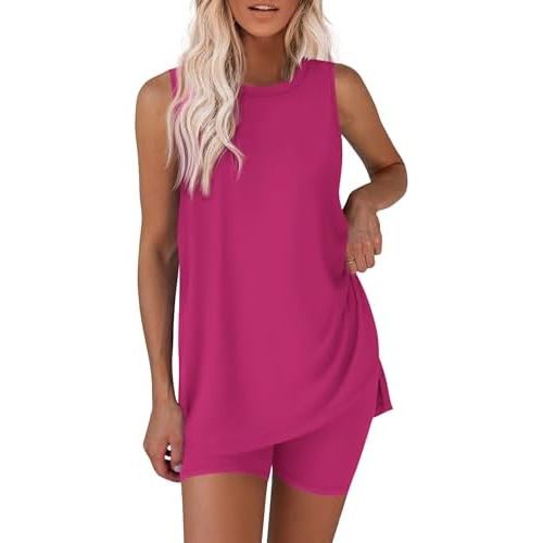 Ekouaer Biker Short Sets Womens 2 Piece Tennis Lounge Set 2026 Summer Matching Outfits Sleeveless Loungewear Clothing