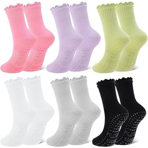 6 Pairs Pilates Socks with Grips for Women Non Slip Grippy Yoga Socks with Ruffled for Barre Ballet Workouts