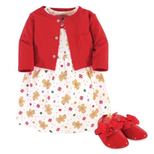 Hudson Baby Infant Girls Cotton Dress, Cardigan and Shoe 3pc Set, Sugar Spice, 9-12 Months