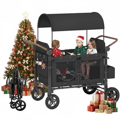 4 Seater Wagon Stroller,Foldable Stroller with Safety Belt, Puncture-Proof Tires, All-Terrain Wagon with 360° Swivel Lockable Wheels, Large Storage Bag, Canopy,23 * 35 * 42in.