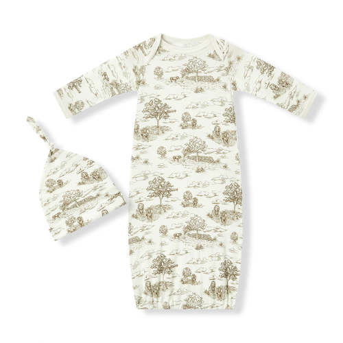Country Toile Luxe Stretch Newborn Gown & Hat Set