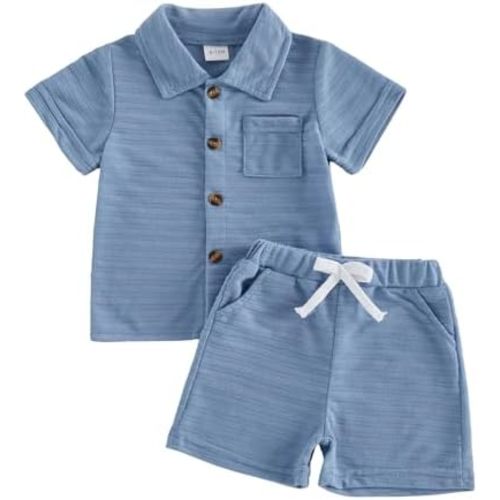 fhutpw Baby Boy Clothes Toddler Infant Leisure Ribbed Button Down Shirt Tops + Shorts Set 2PCS Summer Soft and Smooth Outfit