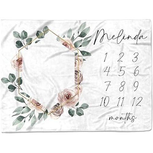 Personalized Baby Milestone Blanket - Custom Monthly Blankets with Name for Boys and Girls - Customized Shower Gifts (Floral TM31)
