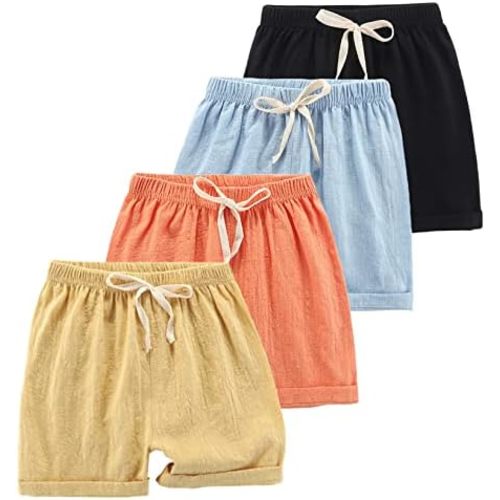Toddler Boys Girls Shorts 4-Pack Cotton Linen Summer Casual Shorts Kids Solid Short Pants 2-8 Years