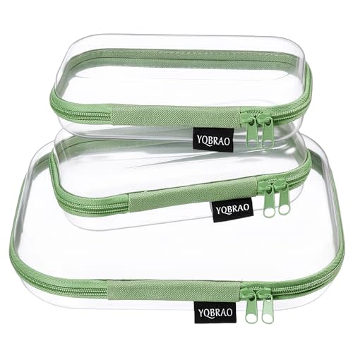 YQBRAO 3-Pack Clear Hard Shell Zipper Case Green, 1.2mm Heavy-Duty Crush-Proof Travel Makeup Bag, TSA Approved Clear Zipper Pouches, Rigid Toiletry & Diaper Bag Organizer for Tech, Toys & Art Supplies