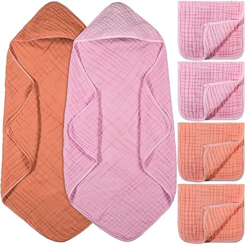 6 Pcs Baby Muslin Hooded Bath Towels and Washcloths, 32 x 32 Inch Cotton Absorbent Blankets for Newborn Infant Shower Gift (Pink, Orange)