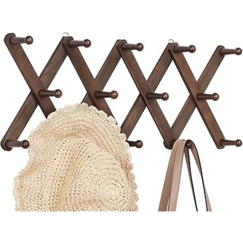 Accordion Wall Hanger, Hat Rack for Wall with 14 Coat Hooks, Expandable Hat Hangers Organizer, Coat Rack Wall Mount Organizer for Purse, Mug (Brown)