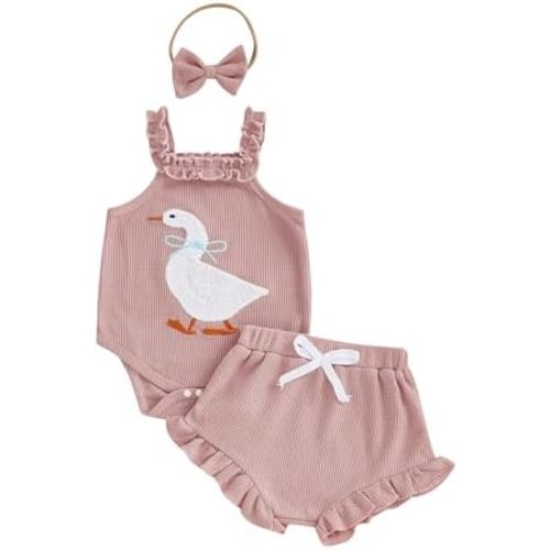 Newborn Baby Girl Clothes Cute Goose Outfit Infant Sleeveless Waffle Romper Tops Ruffle Shorts Summer Spring Set