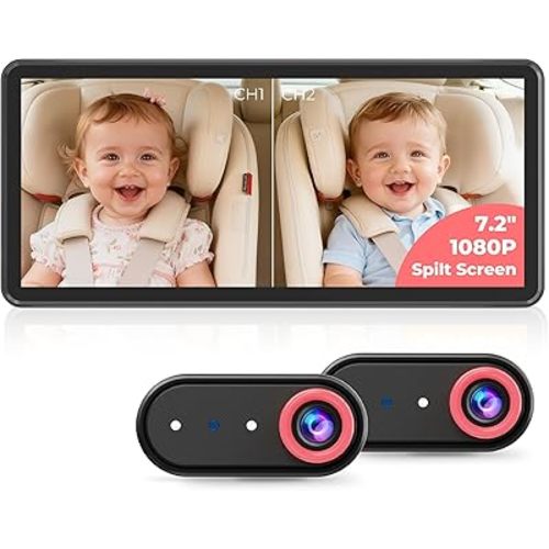 BM5PRO 7.2" Dual Camera Baby Monitor, 1080P HD Display for 2 Kids, Night Vision, Easy Install Car Baby Monitor, Ideal Gift, Rear Seat Safety for Babies & Pets