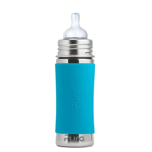Pura Kiki 9oz/275ml Stainless Steel Infant Bottle w/Sleeve, Anti-Colic, 100% Plastic-Free, MadeSafe Certified, Medical-Grade Silicone, Medium-Flow Nipple, for Babies 3 Months & Up - Aqua