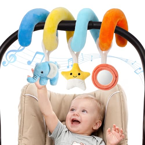 URMYWO Spiral Car Seat Toys for Babies 0-6 Months, Nordic Style | Nordic-style spiral with rattle, 3D crinkle toy, squeaker and mirror; designed for car seats, strollers and travel