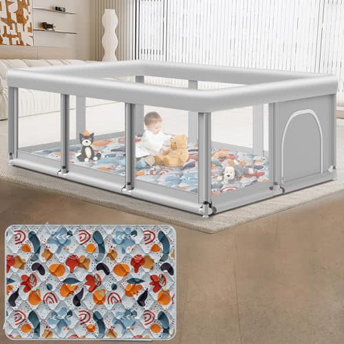 Large Baby Playpen with Mat, 74" ×50", Large Play Yards Indoor & Outdoor, Sturdy Safety Baby Play Pen with Soft Breathable Mesh, Toddlers Play Pen with Anti-Slip Base, Mat Included