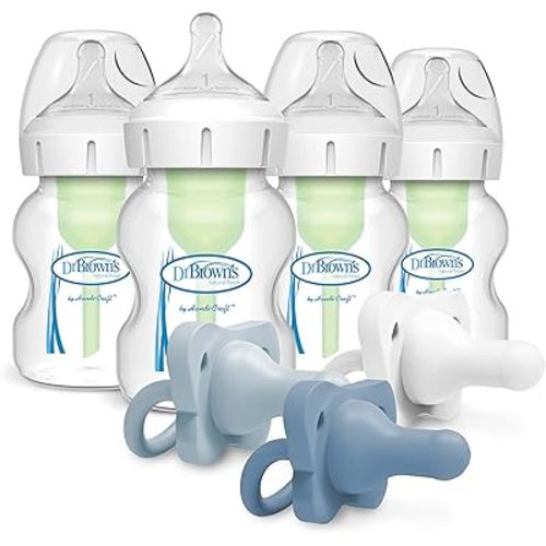 Dr. Brown’s Natural Flow® Anti-Colic Options+™ Wide-Neck Baby Bottle, 5 oz/150 mL, Level 1 Nipple, 4-Pack, 0m+ with HappyPaci 100% Silicone Pacifier 0-6m, BPA Free, White, Blue, Light Blue, 3 Pack
