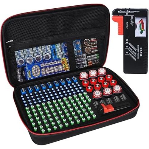 Battery Organizer Storage Box with Tester, Battery Vault Case Fireproof Waterproof Explosionproof Holder Box with Tester BT-168 Checker Carrying Case Container Bag Fit for 200+ Batteries AA AAA C D 9V