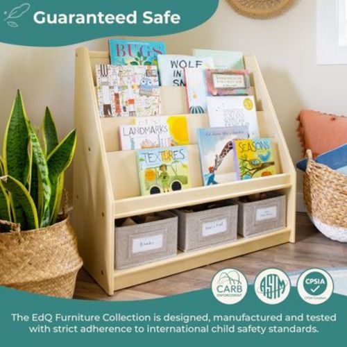 Guidecraft EdQ Book and Bin Display - Natural: Kids' Wooden Book Rack, Storage Bookshelf with Tiered Shelves for Home and Classroom