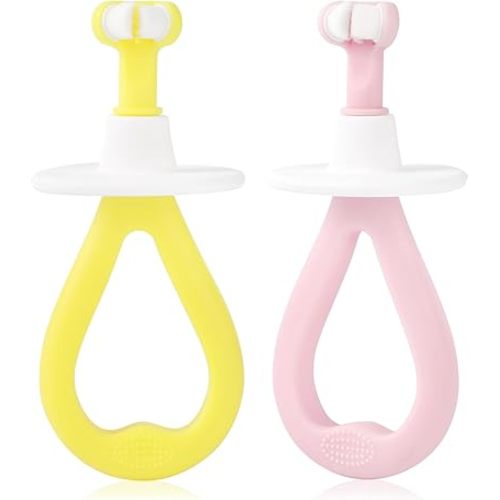 Socub Toddler Training Toothbrush, 2Pcs Three-Sided First Toothbrush for Infant 12Month+, Training Baby Tooth Brush with Safety Shield for Gentle Oral Care, Cleans All Sides at Once