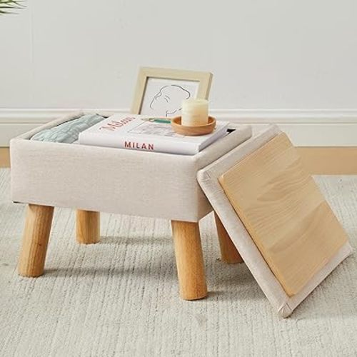 Storage Ottoman, Small Foot Stool Ottoman with Storage, Linen Foot Rest with Wood Legs, Footstool for Living Room, Bedroom, Entryway, Beige