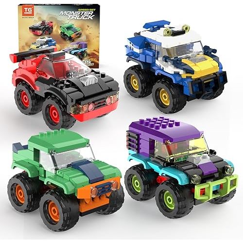 4 Pack Monster Truck Micro Brick Building Blocks Set, Pull Back Car Toy Vehicles Set, Birthday Party Favor or Gift for Teens Ages 8+ Kids