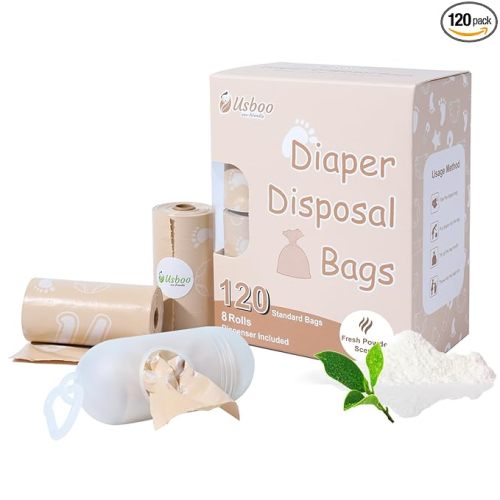 Diaper Bags Disposable for Baby, Biodegradeable Dirty Diaper Bags (8 Refill Rolls/120 Bags) with Dispenser | Leak Proof Diaper Trash Bags | Baby Poop Bags | Fresh Powder Scent