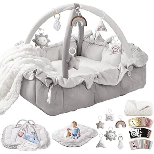 Mallify 5-in-1 Plush Baby Play Gym, Baby Play Mat, Convertible Baby Gym with Blanket and 6 Toys, Tummy time mat, Baby Activity Center from Newborn to Toddler, Baby Gym, Baby Newborn Essentials, Grey