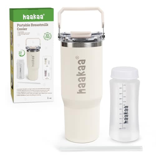 haakaa Portable Breastmilk Cooler 30oz/900ml, Up to 20 Hours of On-the-go Cooling, Larger Capacity Breast Milk Chiller with a 300ml Inner Breastmilk Storage Bottle & Leakproof Lid with Straw & Sip