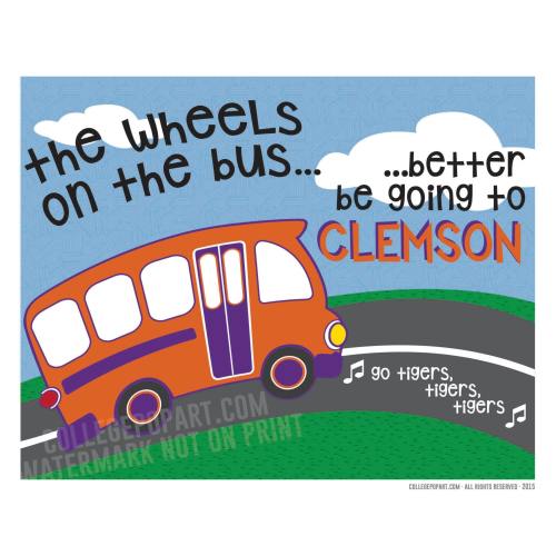 Clemson Tigers | "Wheels on the Bus" Kids or Baby Room Art | New Baby or Young Fan Gift | Matted 8 x 10 Print